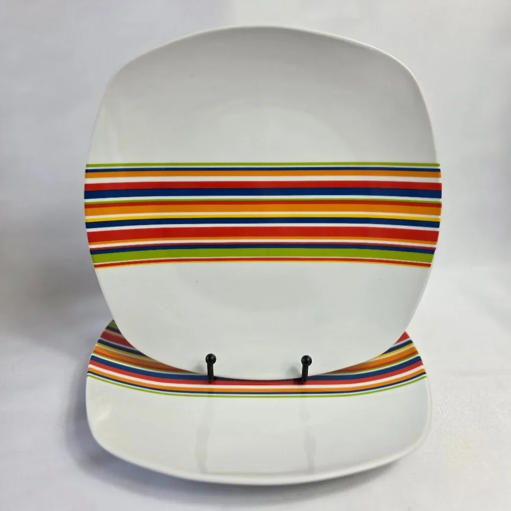 TWO Tabletops Unlimited Gallery Westwood Dinner Plates White Multicolor Stripes